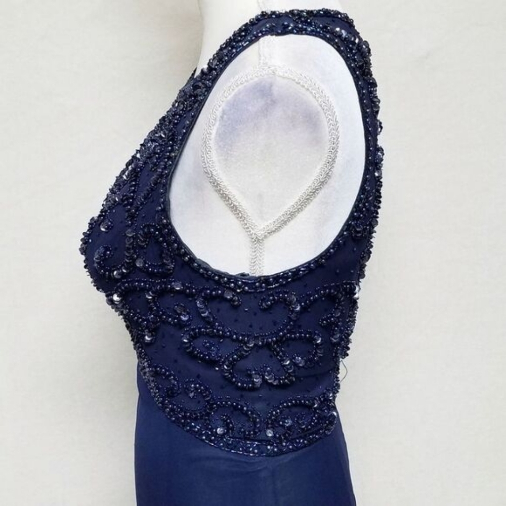 Rare Vintage 70s Blue Silk Chiffon Beaded Sequin High Neck Sleeveless Maxi Dress - Picture 9 of 14